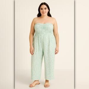 A199 • Mint Floral Strapless Wide Leg Jumpsuit